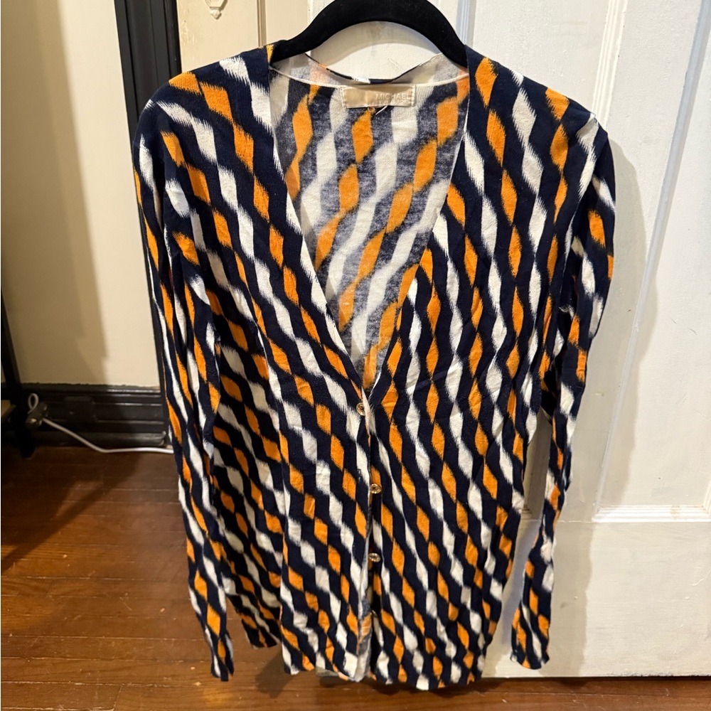 Michael Kors Women’s Geometric Patterned Cardigan in Navy, Orange, and White